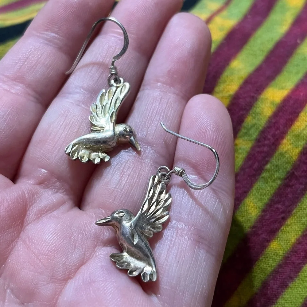 Vintage Cottagecore Hummingbird Sterling Silver 925 Dangle Pierced Earrings - Picture 4 of 6